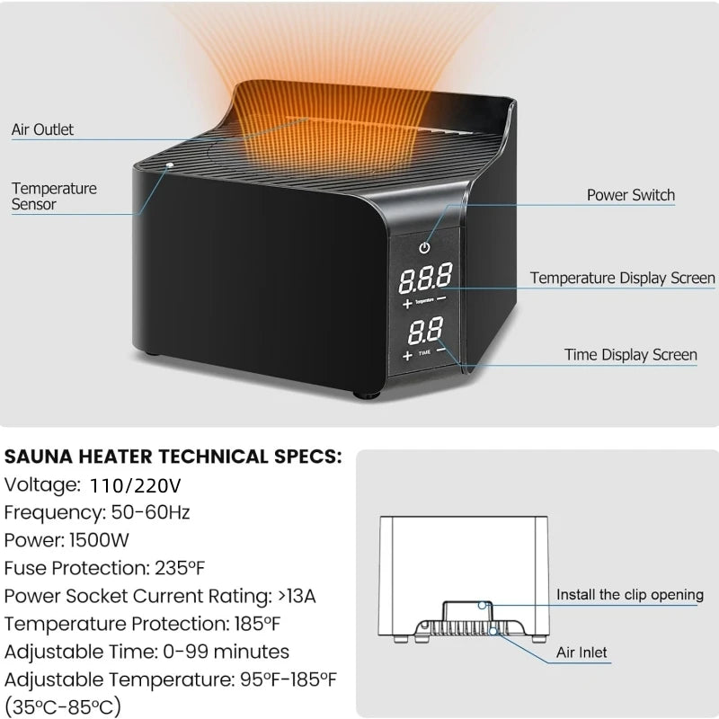 Portable Dry Sauna Hot Air Heater 1500W Electric Dry Heater for Portable Sauna 110/220V Dry Sauna Heater 30S Fast Heating ﻿
