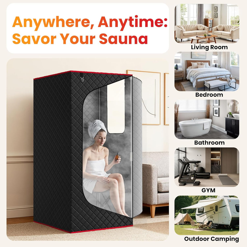 Upgraded Portable Steam Sauna for Home,Jet Black | Sauna Tent with 3L/1200W Steamer, XL Foldable and Remote Control, 99-Min Timer & 15 Power Levels, 2.6' X 2.6' X 5.9'