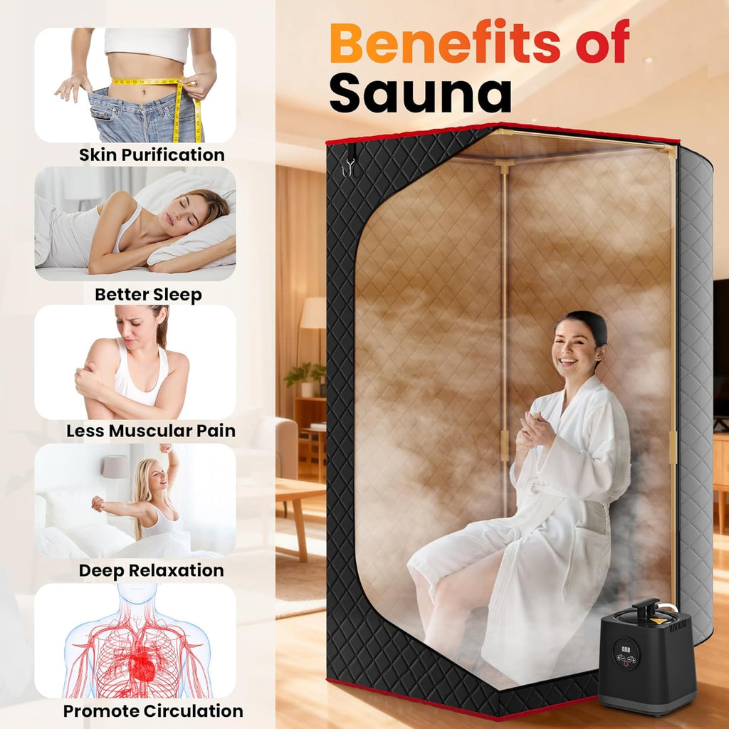 Upgraded Portable Steam Sauna for Home,Jet Black | Sauna Tent with 3L/1200W Steamer, XL Foldable and Remote Control, 99-Min Timer & 15 Power Levels, 2.6' X 2.6' X 5.9'